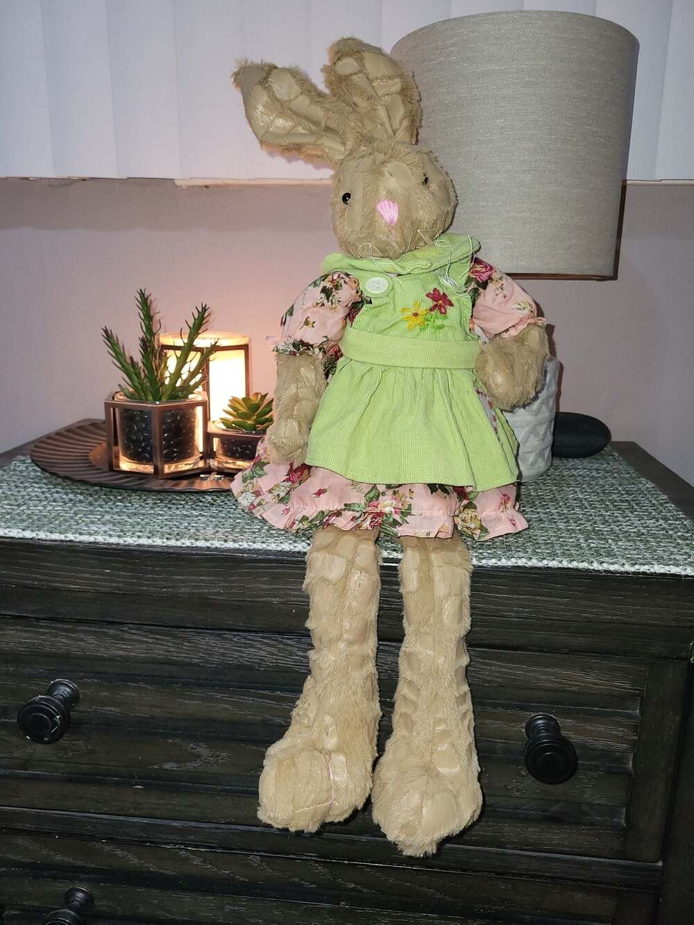 Vintage Bunny Doll in Floral Dress and Green Corduroy Pinafore